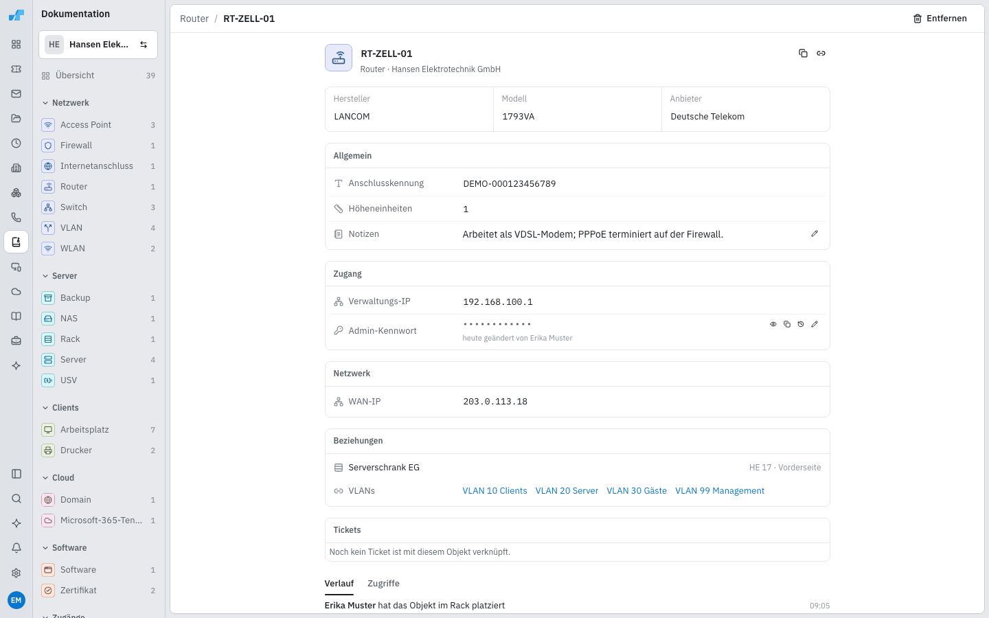 Objekt Router mit Feldern, verdecktem Admin-Kennwort und Verweisen