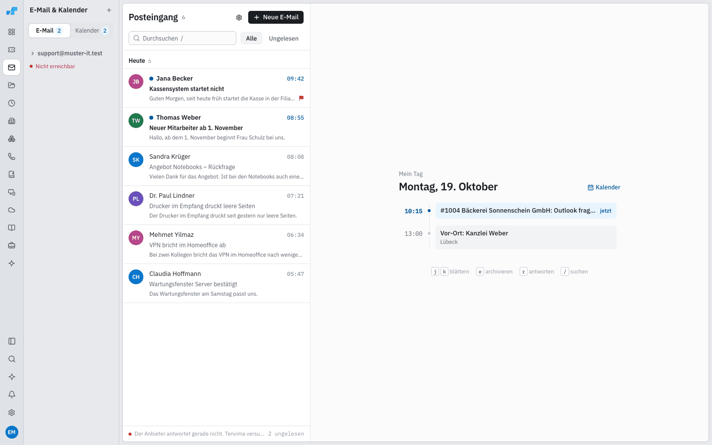 Posteingang mit E-Mail-Liste und Terminen des Tages