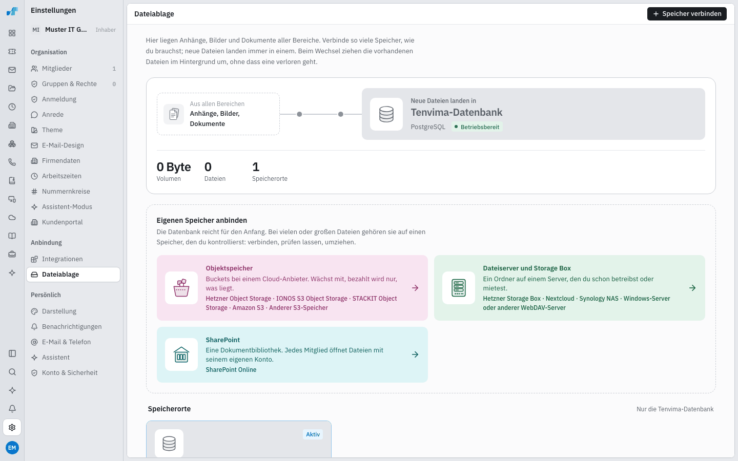 Seite Dateiablage mit der Tenvima-Datenbank und Speichern zur Auswahl