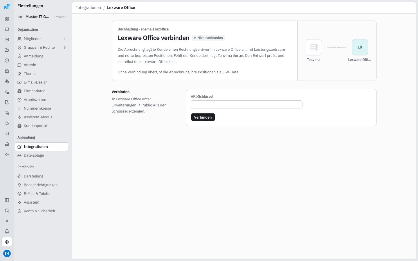Einrichtung von Lexware Office mit Feld API-Schlüssel und Knopf Verbinden