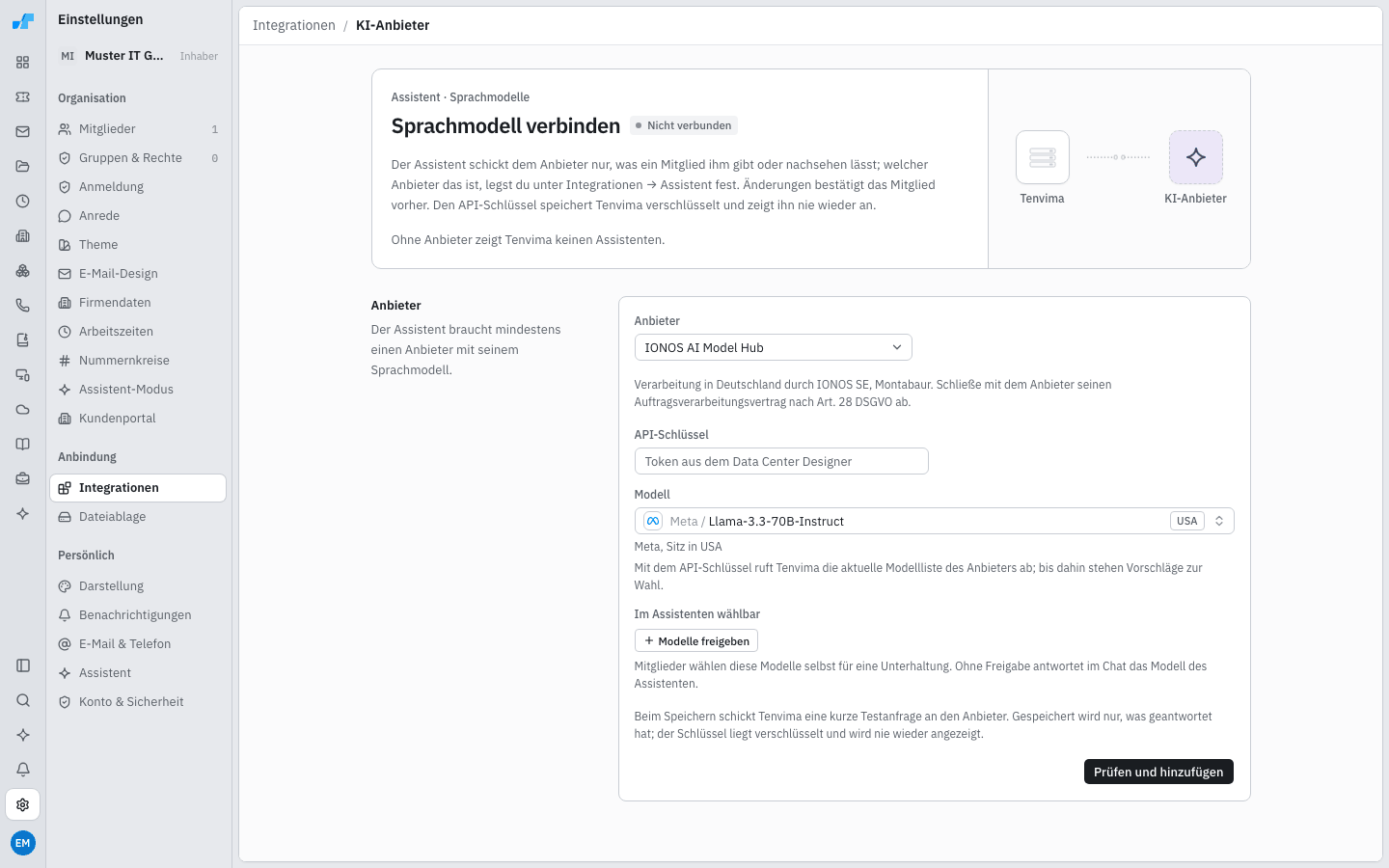 Seite Sprachmodell verbinden mit Anbieter, API-Schlüssel und Modell