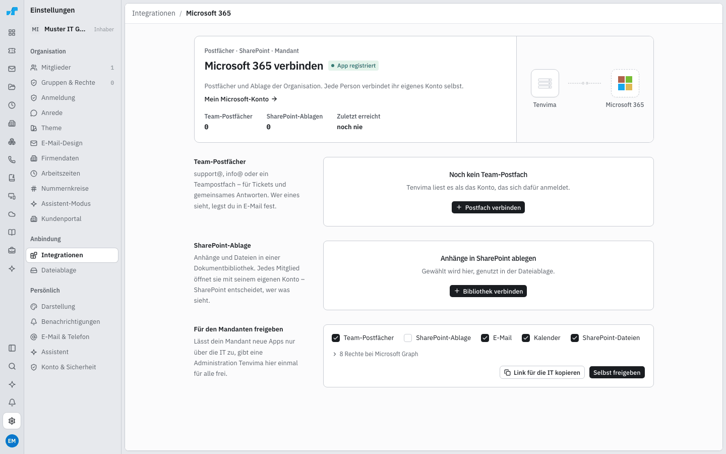 Seite Microsoft 365 verbinden mit Team-Postfächern, SharePoint-Ablage und Freigabe
