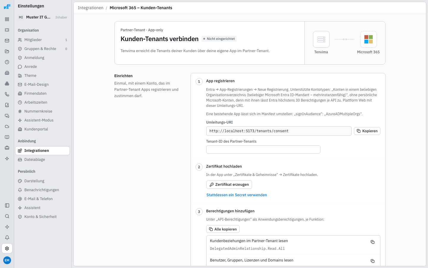 Einrichtung der Partner-App mit nummerierten Schritten