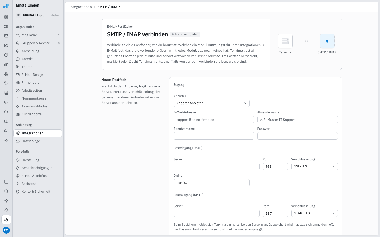 Formular Postfach verbinden mit Posteingang (IMAP) und Postausgang (SMTP)