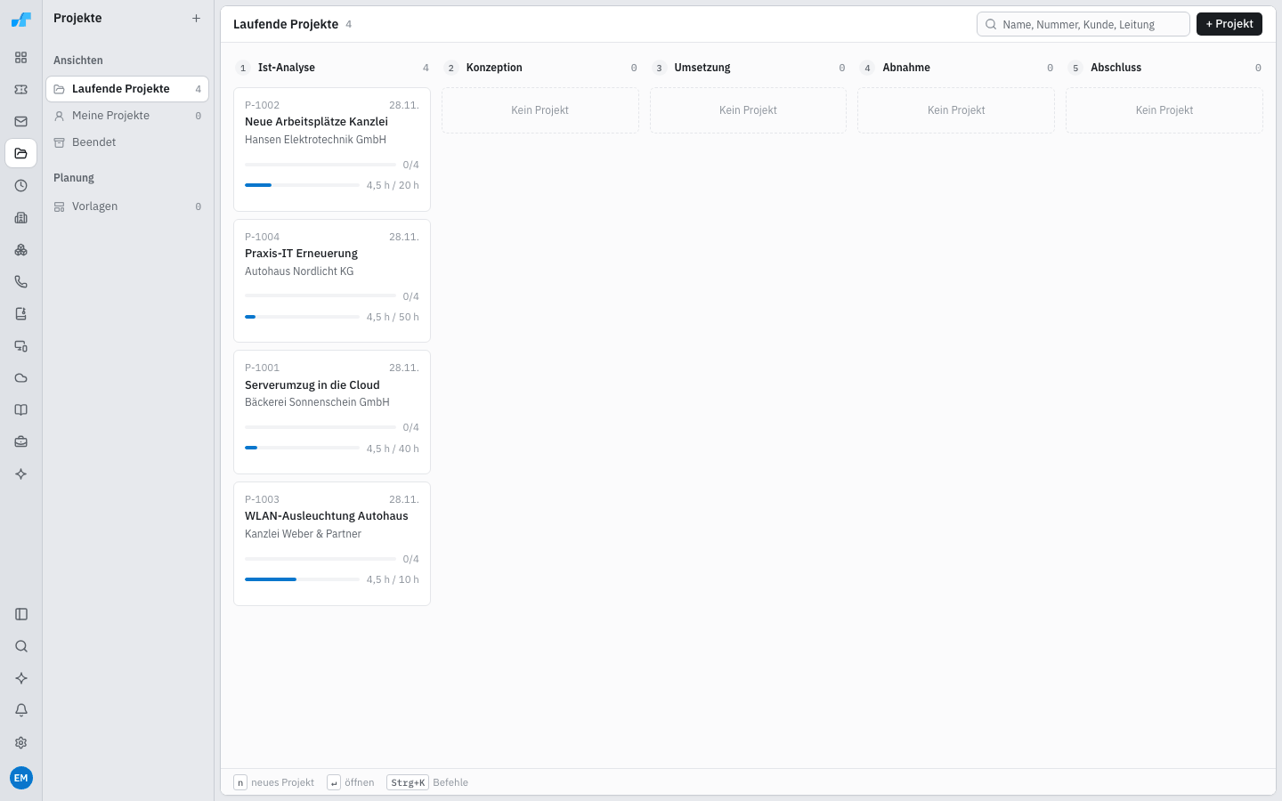 Projekt-Board mit vier Projekten in den Phasenspalten