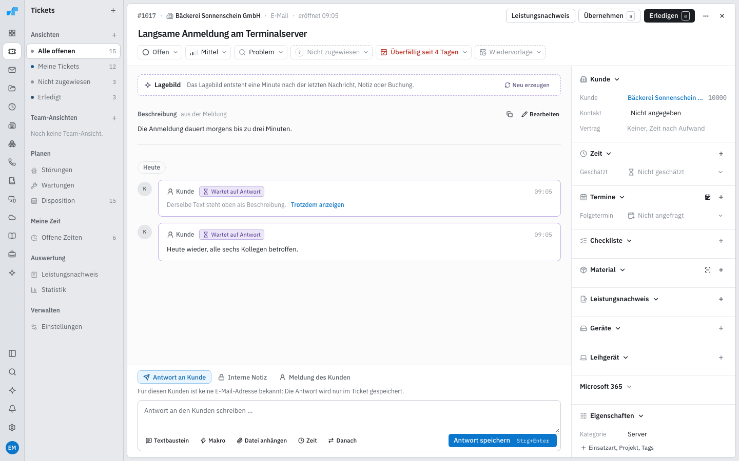 Geöffnetes Ticket mit Verlauf, Antwortfeld und Eigenschaften rechts