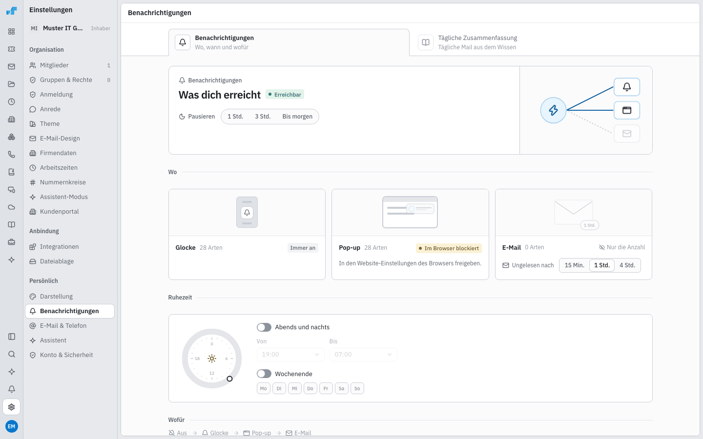 Benachrichtigungen mit Wegen Glocke, Pop-up und E-Mail sowie Ruhezeit