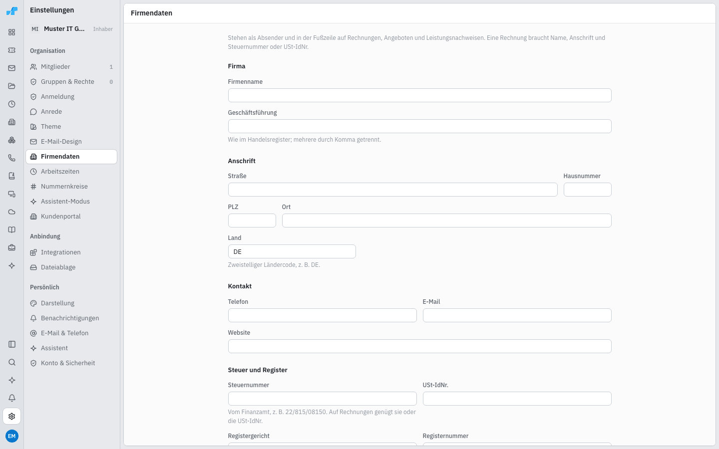 Formular Firmendaten mit Firma, Anschrift, Kontakt und Steuer
